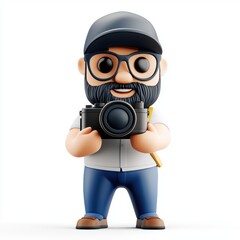 Professional photographer with a blank camera screen for image placement, centered on a clean white background