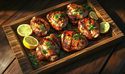 Crispy grilled chicken thighs garnished with fresh herbs and lemon slices, arranged on a wooden platter for a comforting dinner vibe
