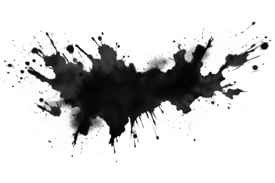 Black and white grunge ink splat on transparent background