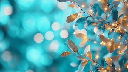 Fototapeta premium A vibrant, blurred background of turquoise with golden leaves and soft glowing lights, creating a dreamy, enchanting atmosphere.