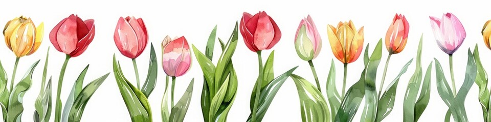 Fototapeta premium Watercolor tulip bouquet with space for text.