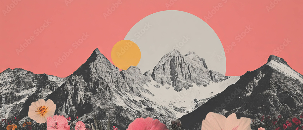 Poster minimalist collage featuring geometric shapes and a mountain range with flowers in background