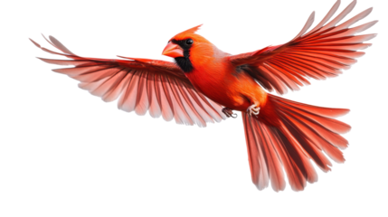 Majestic northern cardinal bird flying with open wings on transparent background