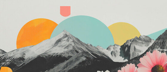 Minimalist collage of geometric shapes and mountain range with flowers in soft colors