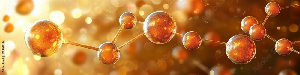Poster abstract network structure with golden spheres connected by lines on a bright bokeh background