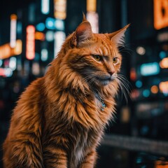 A fluffy orange tabby whose fur is scattered with neon spots, reflecting the colors of Tokyo’s nightlife.