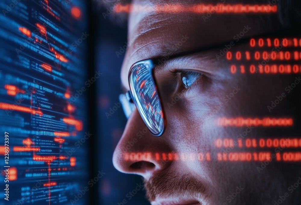 Poster Futuristic Digital Security Man Analyzing Code Reflecting in Glasses - Tech Innovation for Enhanced Cyber Protection and Data Integrity in Commercial IT Solutions