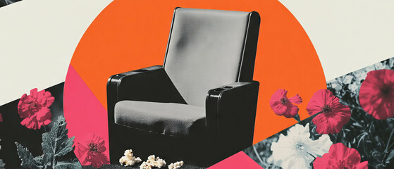 Minimalist collage featuring a cinema seat and dropped popcorn on a white background