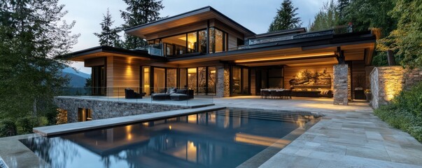 Luxury modern villa exterior with wooden accents glass pool and stone terrace in soft natural light