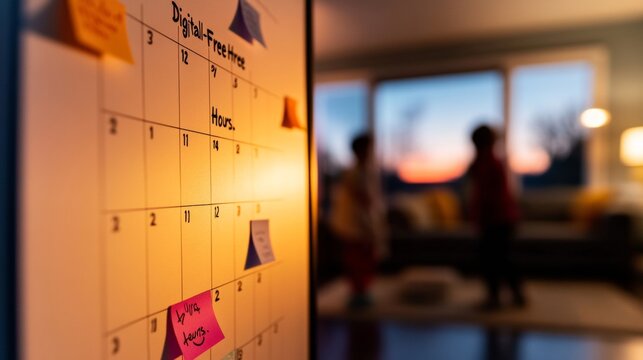 Warm Family Haven Soft-Lit Calendar with Digital-Free Hours on Fridge - Enhancing Home Life Balance and Organization in Modern Family Spaces - Powered by Adobe