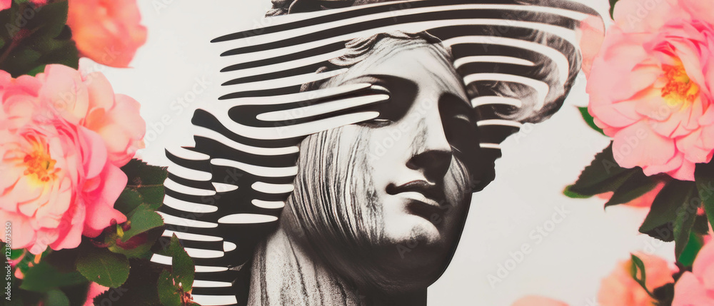 Poster minimalist collage features a statue's face intertwined with swirling patterns and flowers