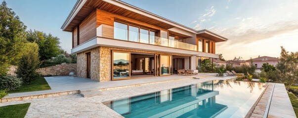 Fototapeta premium Luxury modern villa exterior with wooden accents glass pool and stone terrace in soft natural light