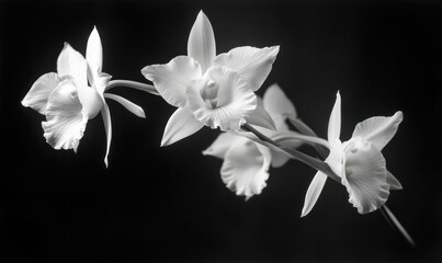 Fototapeta premium Delicate white orchid blooms captured in soft natural light, showcasing their intricate details and beauty