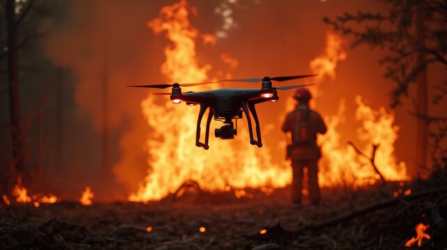 firefighters explore the area engulfed in flames with drones, large forest fire, fire rescue technologies.