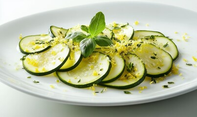 Delicate zucchini carpaccio arranged with lemon zest and herbs on a white ceramic plate.