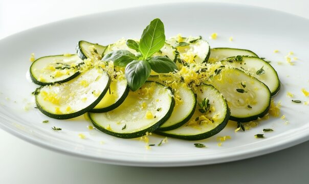 Delicate zucchini carpaccio arranged with lemon zest and herbs on a white ceramic plate.