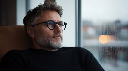 Obraz premium Warm Ambient Reading Space Middle-Aged Man with Glasses, Cozy Interior, Rainy Window View - Modern Lifestyle Content for Book Lovers and Interior Design Inspiration