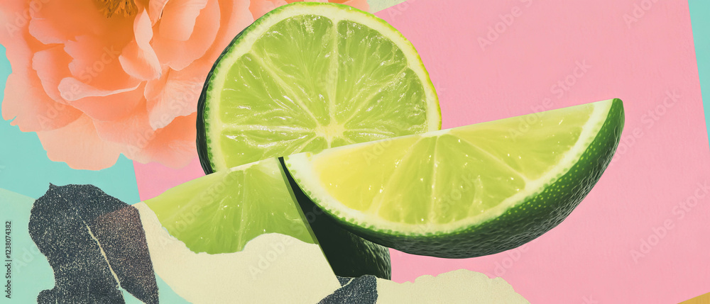 Aufkleber collage featuring geometric shapes and a close-up of lime wedges with floral background