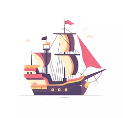 Pirate ship flat vector illustration on a white background, with a simple design and minimal details. 