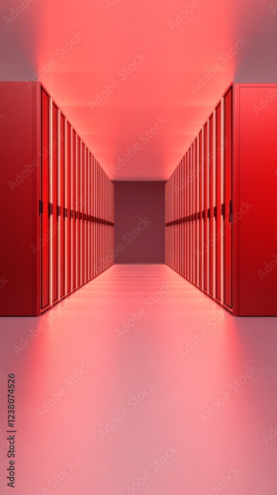 Poster Futuristic Data Infrastructure Red-Hued Server Corridor with Sleek Panels - Modern Tech Environment for Innovative Business Operations and Efficient Data Management