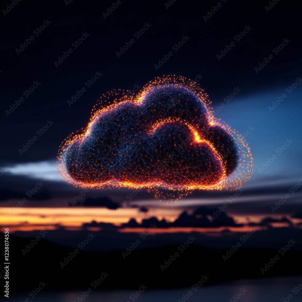 Poster Neon Digital Cloud System Futuristic Network Visualization in Evening Sky - Advanced Tech Infrastructure for Business Innovation and Cloud Computing Solutions