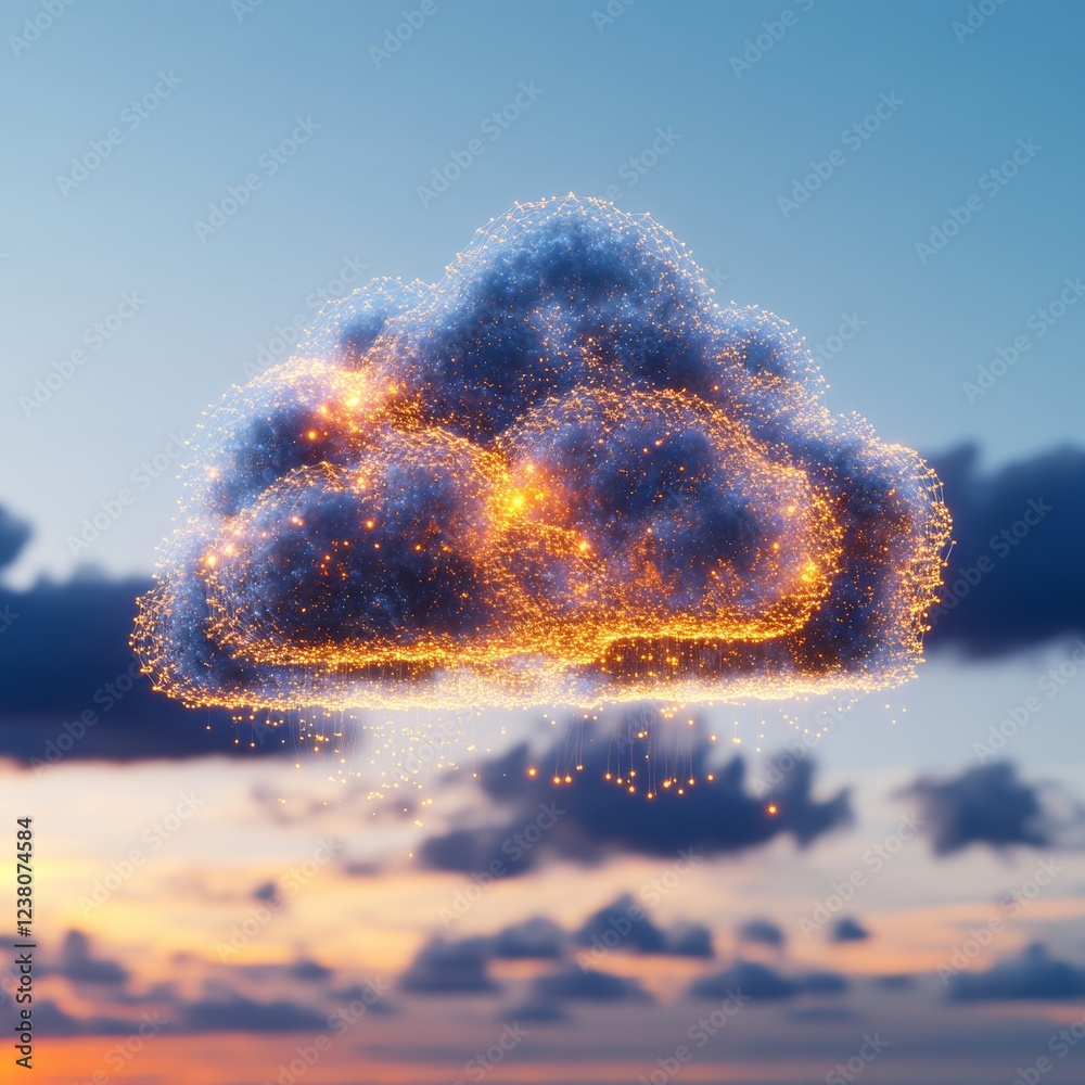Aufkleber Elegant Digital Cloud Visualization Glowing Network Nodes against Sky Backdrop - Modern Tech Content for IT Infrastructure and Cloud Computing Innovations