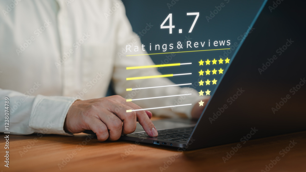 Aufkleber customer types on a laptop with a digital overlay showing a 4.7 star rating and reviews. business se