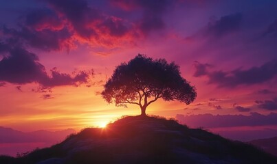 Fototapeta premium Dramatic silhouette of a tree on a hilltop, framed by the colors of a vibrant sunset sky.