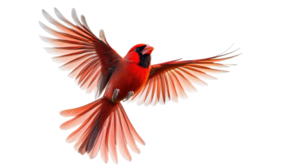 Majestic northern cardinal bird soaring with open wings on transparent background