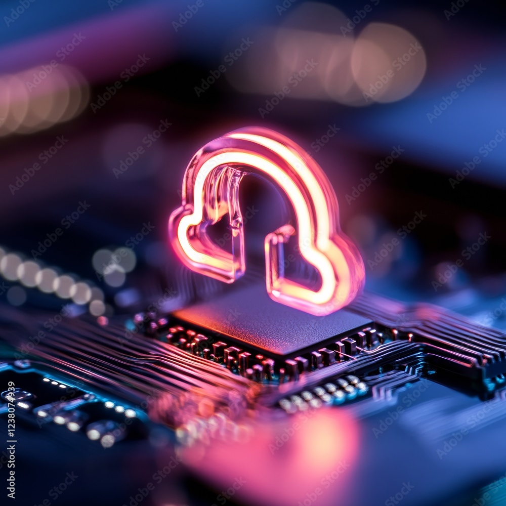 Poster Neon Cybersecurity Sculpture LED Circuitry Art Reflecting Quantum Grid Aesthetics for Modern Tech Displays in Digital Security Solutions and Innovative Business Interfaces