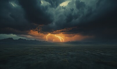 Dramatic thunderstorm rolling over a vast plain, dark clouds and streaks of lightning creating an awe-inspiring natural scene