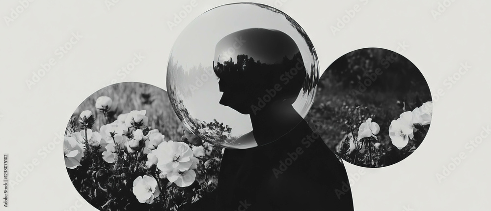 Poster minimalist collage of geometric shapes and flowers with a fragile bubble close up