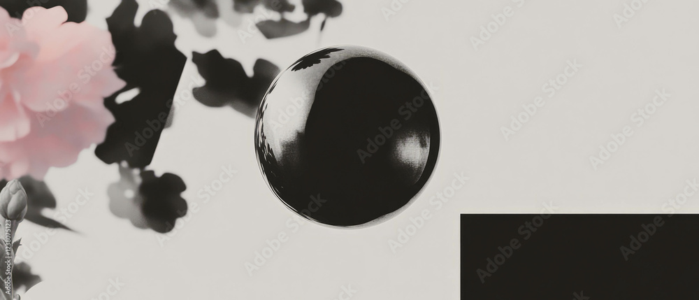 Poster minimalist collage capturing the fragility of a bubble against floral patterns