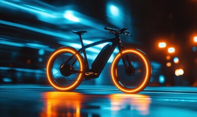 Dynamic glowing electric bicycle speeding through an urban environment, symbolizing sustainable transportation solutions.