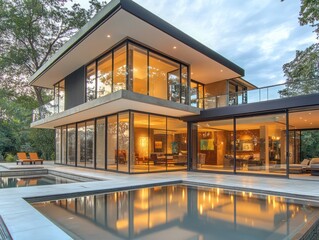 Fototapeta premium Modern cubic villa with a large open terrace pool and glass walls captured under daylight