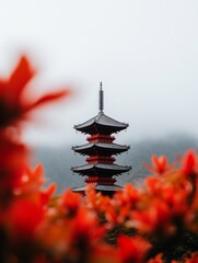 Fototapeta premium Cultural Aesthetic Traditional Pagoda Design Amid Cherry Blossoms in Mountainous Landscape for Heritage Tourism and Preservation Marketing Campaign
