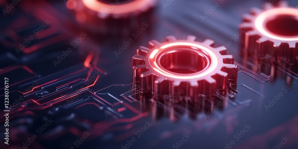 Poster Futuristic Digital Interface Metallic Gear on Circuit Board with Neon Glows - Advanced Tech Visualization for Software Development and Innovative Engineering Solutions