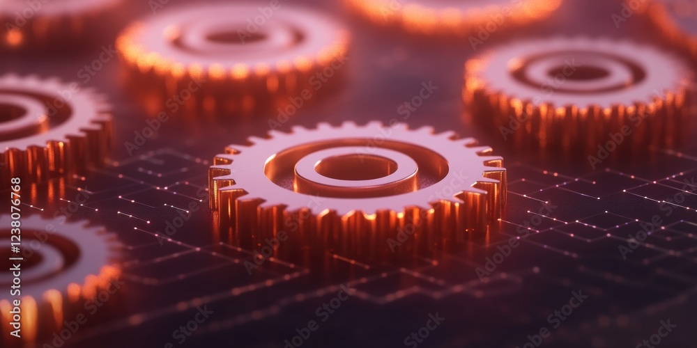 Poster cybernetic gear art metallic cogwheels on digital grid - futuristic engineering visualization for te