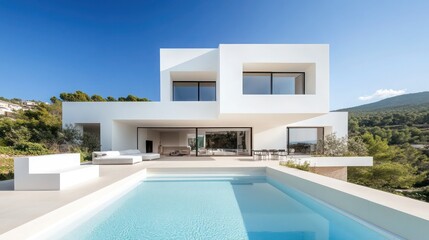 Modern minimalist cubic villa exterior with sleek white walls terrace and pool clear blue sky sunlight HD quality
