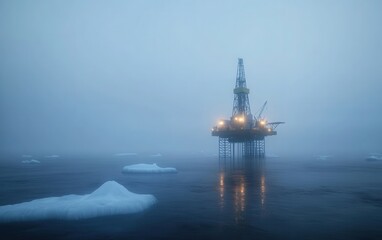 Obraz premium A massive oil rig standing in the middle of a frozen Arctic ocean, surrounded by floating icebergs and thick mist. 