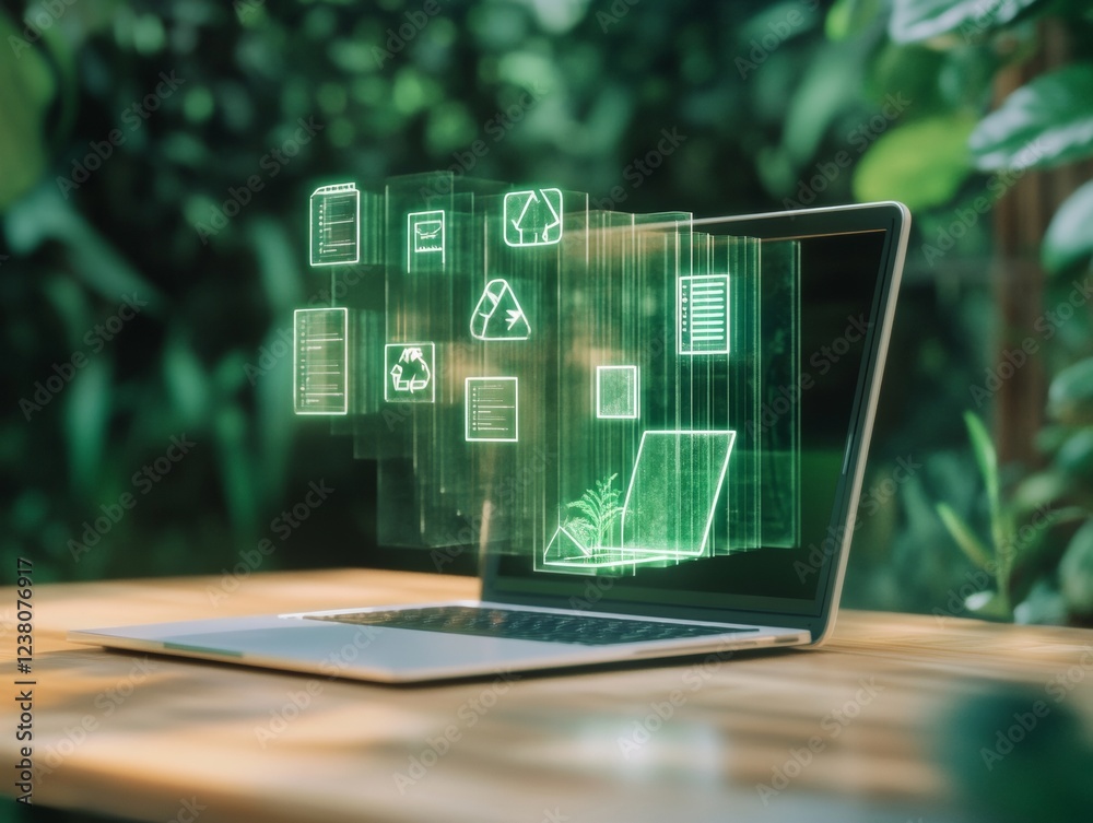 Poster eco-digital workspace transformation cluttered desk morphs to minimalist digital icons in natural li