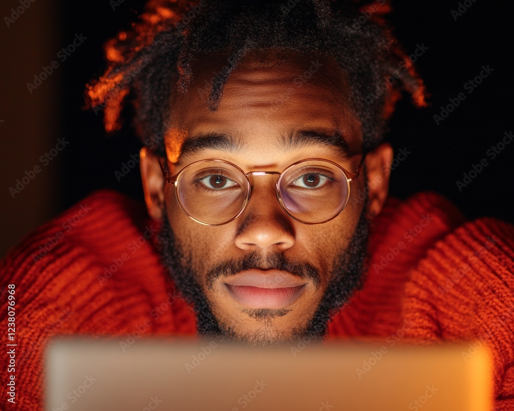 Poster warm minimalist desk setup focused academic male using laptop in lamp-lit night study - digital lear