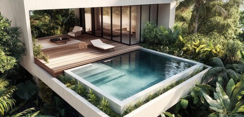 Fototapeta premium Modern minimalist villa with a square shape wooden terrace infinity pool and tropical plants surrounding