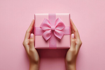 Elegant female hand presenting a beautifully wrapped round gift box against a soft pink backdrop perfect for celebrating special moments and heartfelt surprises