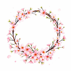 Fototapeta premium Floral wreath design with pink cherry blossoms on a white background