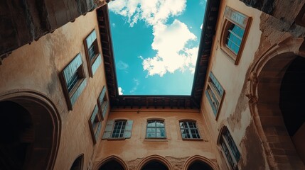 Courtyard view, castle, blue sky, stone, architecture, travel, history,  tourism