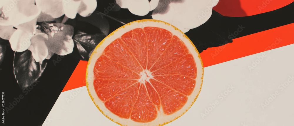 Poster Minimalist collage featuring grapefruit and flower elements on a clean background