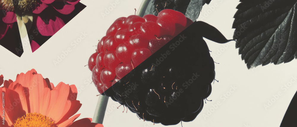 Poster minimalist collage of geometric shapes and raspberry close-up on white background