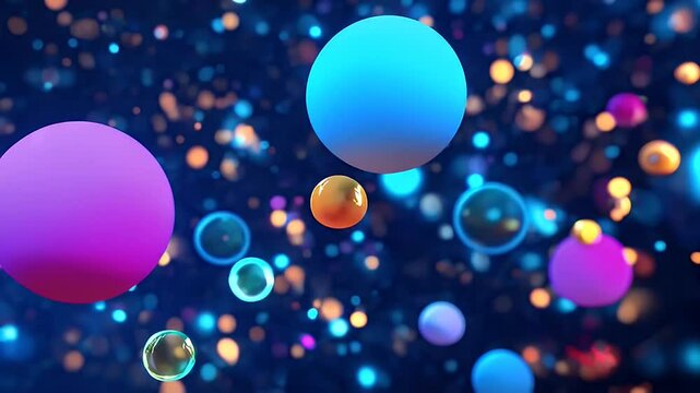 Abstract colorful spheres, glowing particles, dark background, digital art, website header