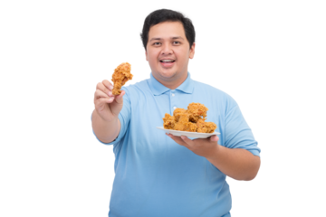 Portrait of a Fat asian man smiling holding a plate of fried chicken